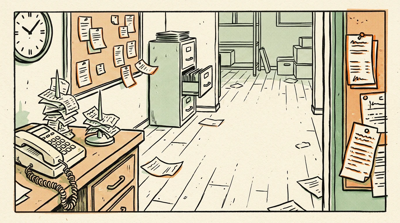 A cramped back room with a landline phone, a corkboard of paper slips and a filing cabinet