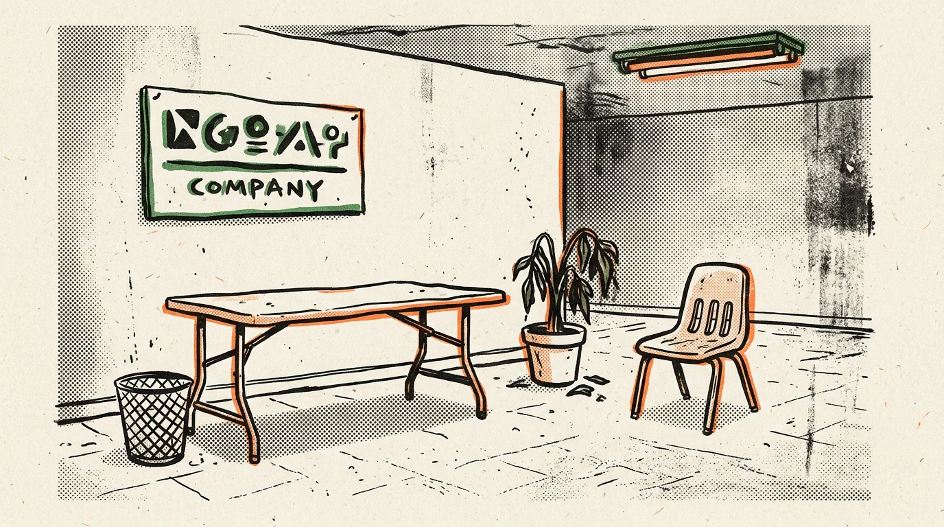A small shabby office lobby with a folding table for a reception desk